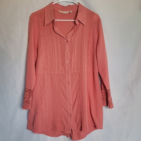 Soft Surroundings Women's Button Up 100%Cotton Salmon Top Size M Lace Detail - Picture 1 of 12